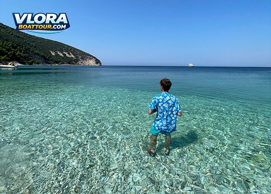 Visitor standing in the crystal-clear shallow water at Sazan Island, Albania, with a rocky green hillside in the background and the calm Ionian Sea stretching toward the horizon under a bright blue sky.